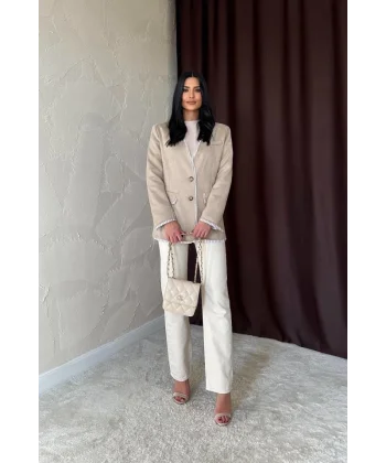 Bej Çizgili Astarlı Garnili Süet Ceket