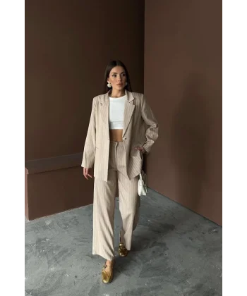 Bej Çizgili Ceket Ve Pantolon Takım