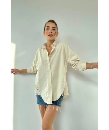 Bej Dantel Detaylı Keten Gömlek