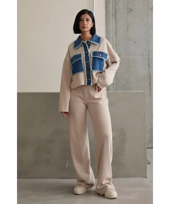 Bej Denim Garnili Gömlek Ve Pantolon Takım