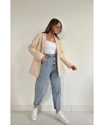 Bej Düğmeli Deri Ceket