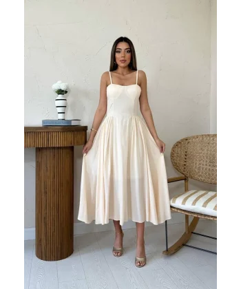 Bej Göğüs Kuplu Uzun Büzgülü Elbise