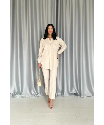 Bej Gömlek Ve Çıtçıtlı Pantolon Takım
