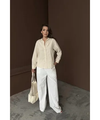Bej Jakarlı Keten Gömlek