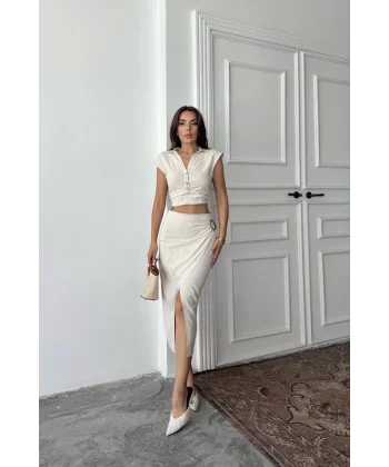 Bej Keten Gömlek Ve Etek Takım