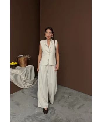 Bej Keten Yelek Pantolon Takım