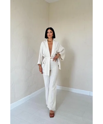 Bej Kimono Ve Pantolon Takım