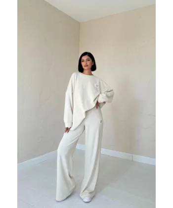 Bej Klasik Fitilli Kazak Ve Pantolon Takım