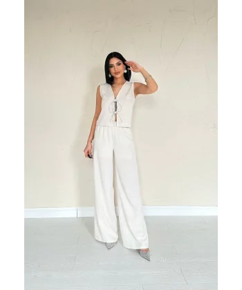 Bej Önü Fiyonklu Keten Takım