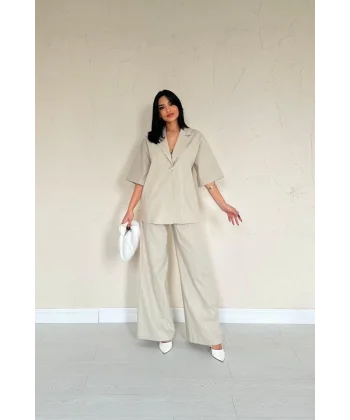 Bej Önü Tek Düğmeli Ceket Pantolon Takım