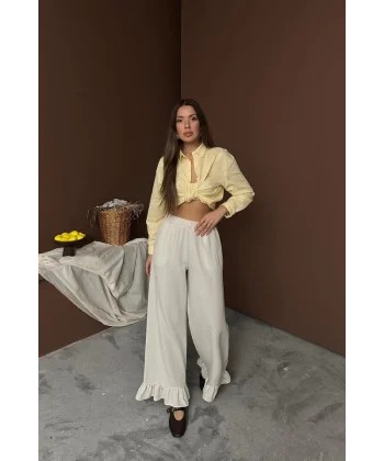 Bej Paçası Fırfırlı Keten Pantolon