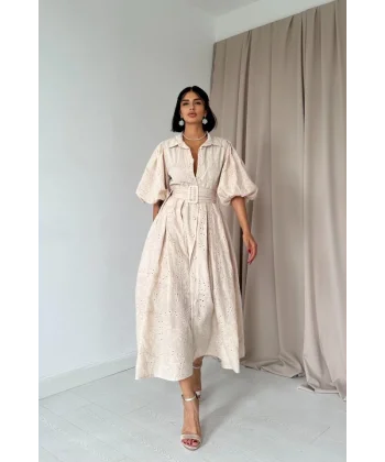 Bej Pileli Balkon Elbise