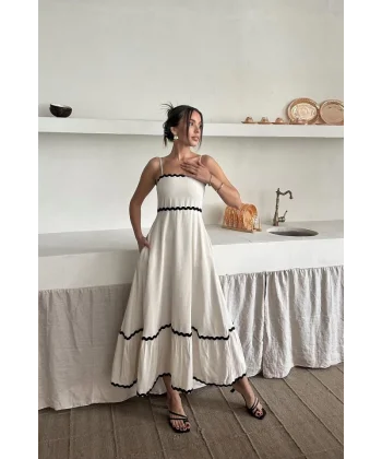 Bej Şerit Detay Keten Elbise