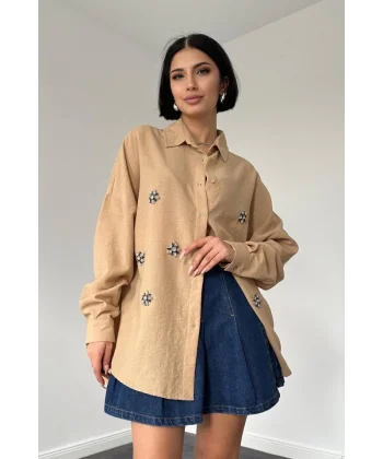 Bej Taş İşlemeli Gömlek