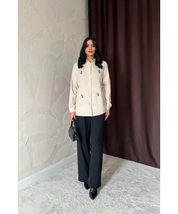 Bej Taş İşlemeli Gömlek