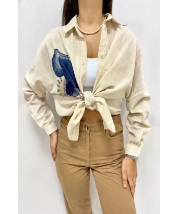 Bej Taş İşlemeli Keten Gömlek