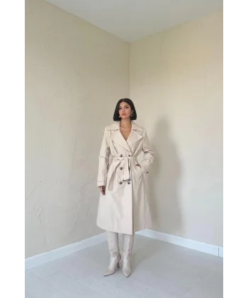 Bej Uzun Kemerli Trençkot