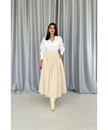 Bej Uzun Pileli Etek