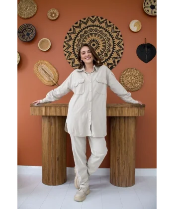 Bej Yıkamalı Gömlek Ve Pantolon Takım