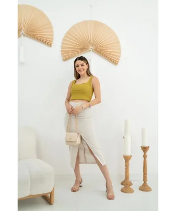 Bej Yırtmaçlı Etek