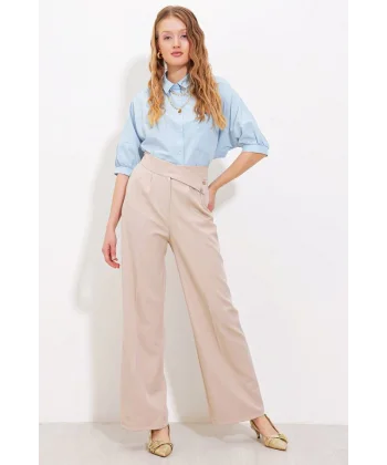 Bej Yüksek Bel Palazzo Pantolon 6646