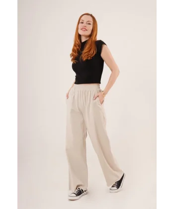 Bel astikli Paça Detaylı Cepli Krem Pantolon