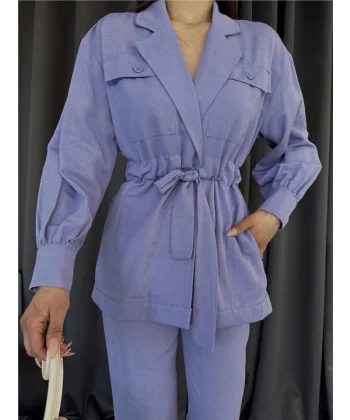 BEL BÜZGÜ DETAYLI PANTOLON - CEKET TAKIM KETEN - Lila