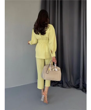 BEL BÜZGÜ DETAYLI PANTOLON - CEKET TAKIM KETEN - Sarı