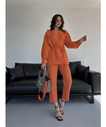 BEL BÜZGÜ DETAYLI PANTOLON - CEKET TAKIM KETEN - Turuncu