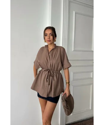 BEL BÜZGÜ DETAYLI POPLİN GÖMLEK - Kahverengi