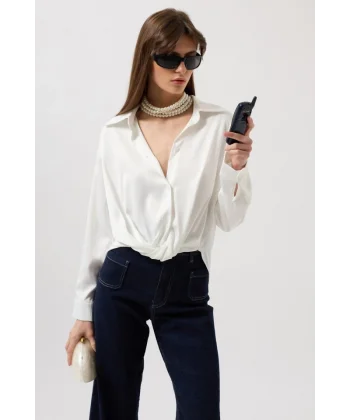 Bel Büzgülü Crop Saten Gömlek