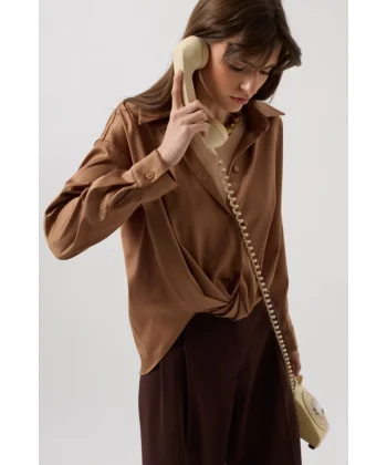 Bel Büzgülü Crop Saten Gömlek