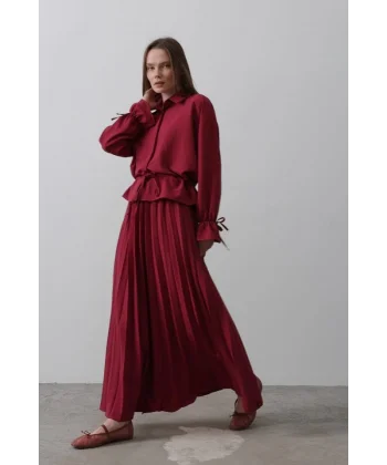 Bel Detaylı Bluz Pileli Etek  Bordo