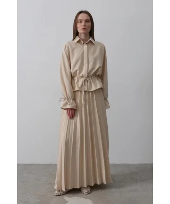 Bel Detaylı Bluz Pileli Etek  Taş