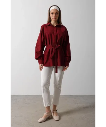 Bel Detaylı Gömlek - Bordo