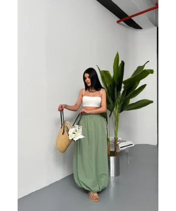 BEL LASTİKLİ BALON ETEK ŞANEL BOY SOFT KUMAŞ - Haki