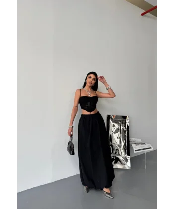 BEL LASTİKLİ BALON ETEK ŞANEL BOY SOFT KUMAŞ - Siyah