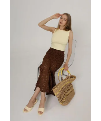Bel Lastikli Dantel Etek - Kahve