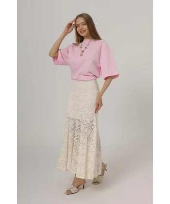 Bel Lastikli Dantel Etek - Krem