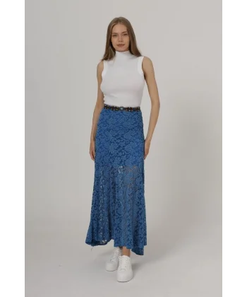 Bel Lastikli Dantel Etek - Mavi
