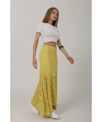 Bel Lastikli Dantel Etek - Sarı