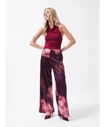 Bel Lastikli Desenli Saten Pantolon