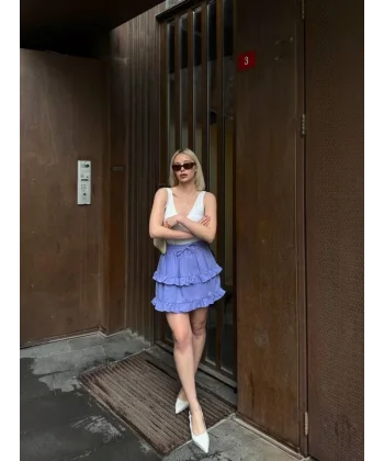 BEL LASTİKLİ KAT FIRFIR DETAYLI KISA ETEK - Lila