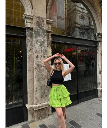 BEL LASTİKLİ KAT FIRFIR DETAYLI KISA ETEK - Neon Yeşil