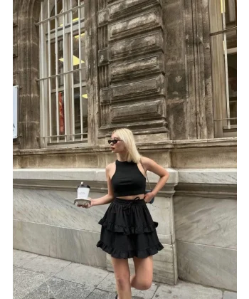 BEL LASTİKLİ KAT FIRFIR DETAYLI KISA ETEK - Siyah