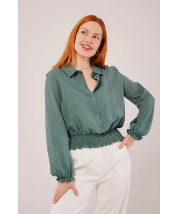 Bel Ve Bilek astikli Zümrüt Yeşili Bluz