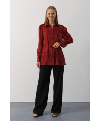 Belden Bağlamalı Uzun Kol Gömlek - Bordo