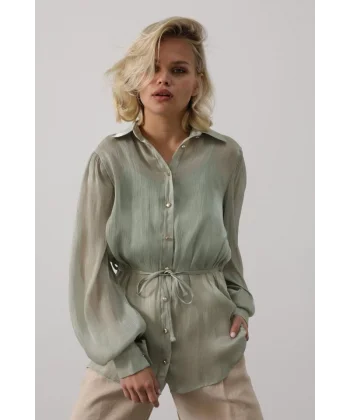 Belden Bağlamalı Uzun Kol Gömlek - Haki