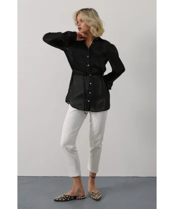 Belden Bağlamalı Uzun Kol Gömlek - Siyah