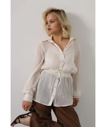 Belden Bağlamalı Uzun Kol Gömlek - Taş